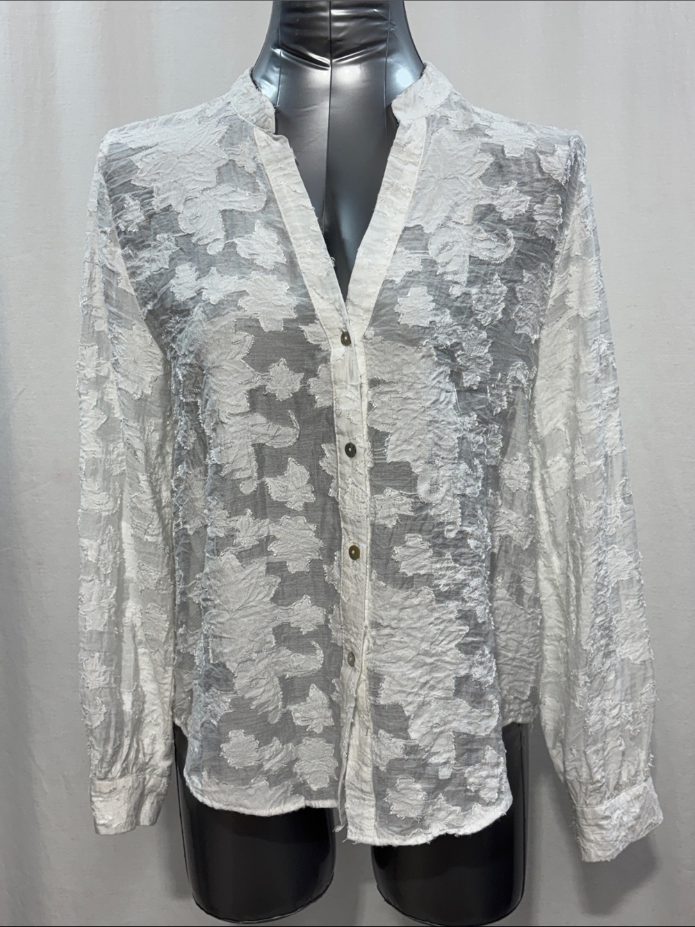 Zara White Sheer Floral Jacquard Button-Up Blouse 263 work travel trendy party